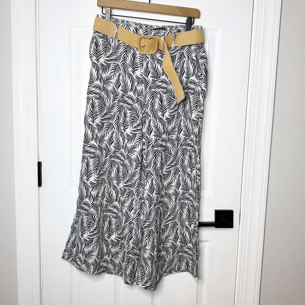 Tahari 100% Linen Wide Leg Palazzo Cropped Pants Straw Belt Size L Resort Wear